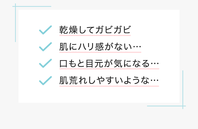 乾燥してガビガビ 肌にハリ感がない… 口もと目元が気になる… 肌荒れしやすいような…